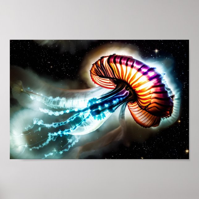  Electric Cosmic Jelly Fish Orbiting Stars Poster (Front)