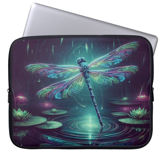 Electric Dragonfly, Eye-Catching Neon Animals Laptop Sleeve (Front)