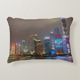 Electric Dreams - Futuristic Shanghai Skyline, A C Accent Pillow