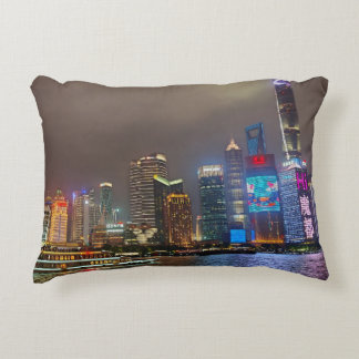 Electric Dreams - Futuristic Shanghai Skyline, A C Accent Pillow