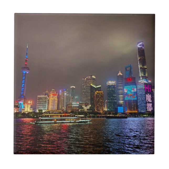Electric Dreams - Futuristic Shanghai Skyline, A C Ceramic Tile (Front)