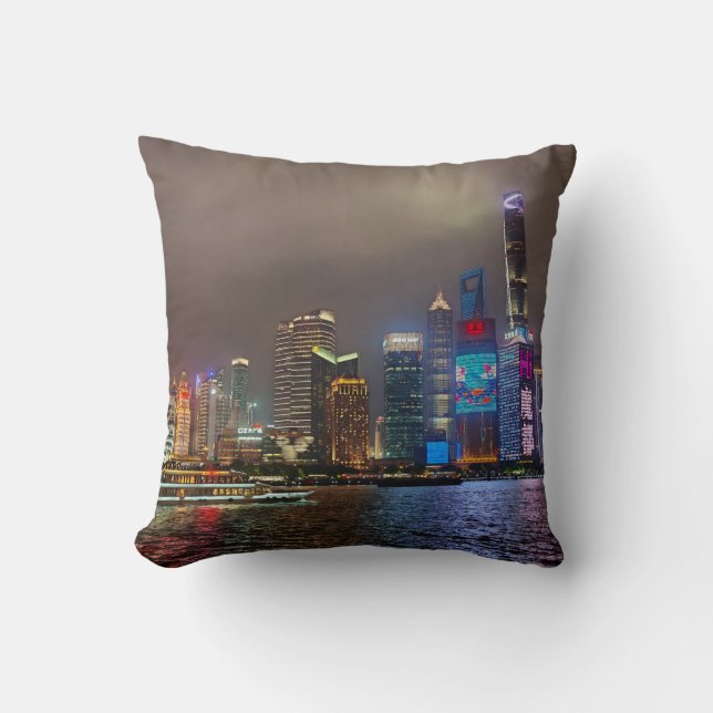 Electric Dreams - Futuristic Shanghai Skyline, A C Throw Pillow (Front)