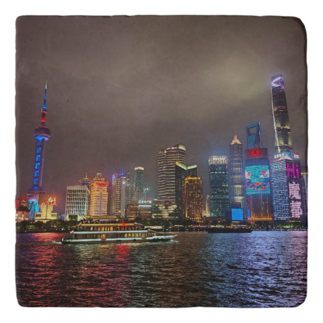 Electric Dreams - Futuristic Shanghai Skyline, A C Trivet (Front)