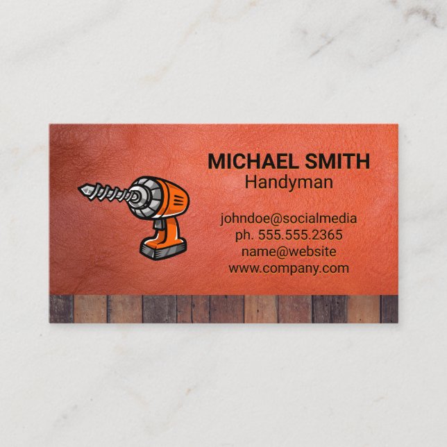 Electric Drill Tool | Construction | Wood Leather Business Card (Front)