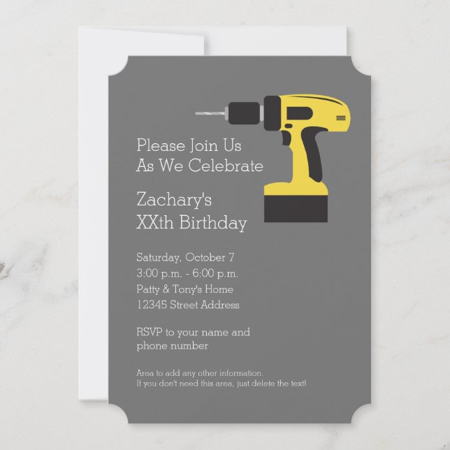 Electric Drill with Custom Name - Yellow and Gray Invitation (Front)