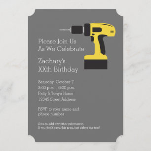 Electric Drill with Custom Name - Yellow and Gray Invitation