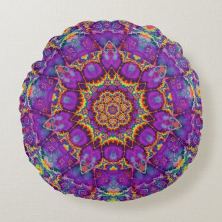 Electric Flower Purple Rainbow Kaleidoscope Art Round Pillow