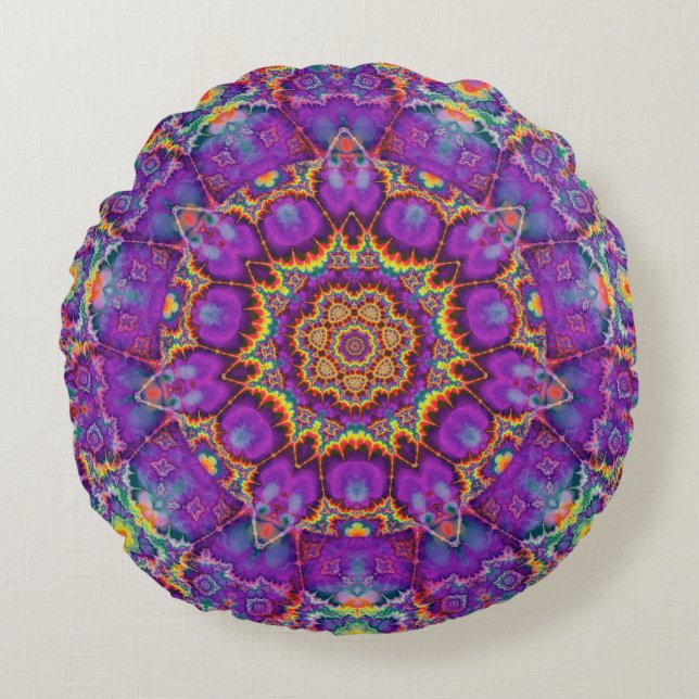 Electric Flower Purple Rainbow Kaleidoscope Art Round Pillow (Front)
