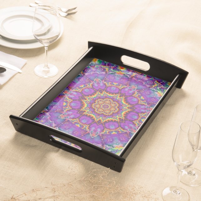 Electric Flower Purple Rainbow Kaleidoscope Art Serving Tray (Front)