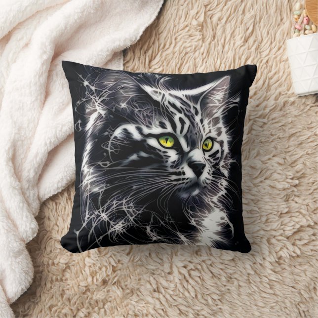 Electric Fractal Black Cat Glow Pillow (Blanket)