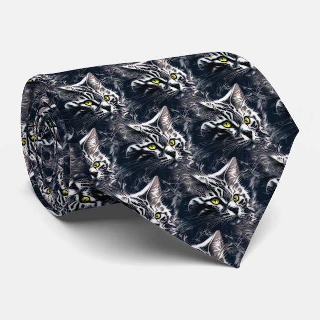 Electric Fractal Cat Neon Cyberpunk Tie (Rolled)