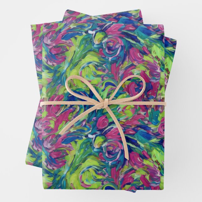 Electric Garden Neon Impressionism Vibrant Abstrac Wrapping Paper Sheets (In situ)
