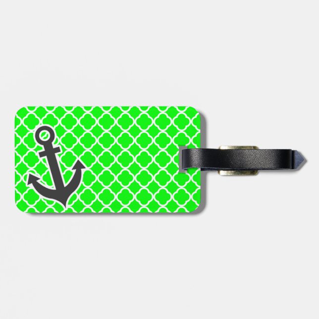 Electric Green Quatrefoil; Anchor Luggage Tag (Back Horizontal)