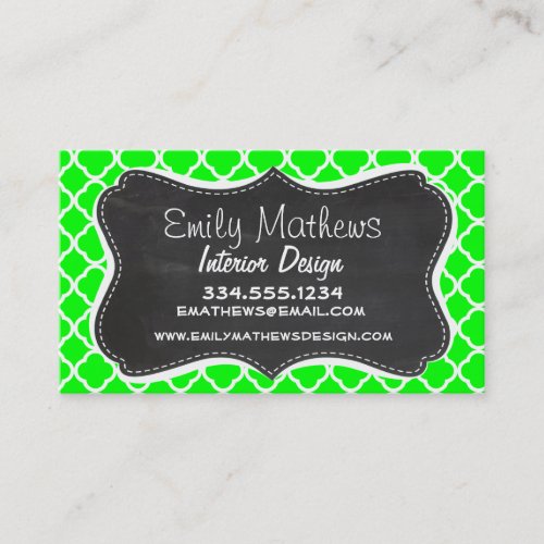 Electric Green Quatrefoil; Retro Chalkboard Business Card Template