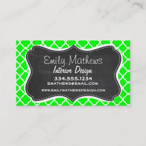 Customizable Electric Green Quatrefoil; Retro Chalkboard Business Card Template