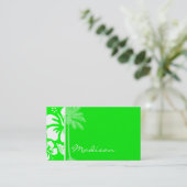 Electric Green Tropical Hibiscus; Palm Business Card (Standing Front)