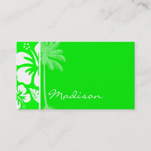 Electric Green Tropical Hibiscus; Palm Business Card Templates