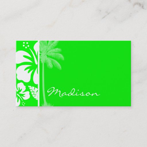 Customizable Electric Green Tropical Hibiscus; Palm Business Card Templates