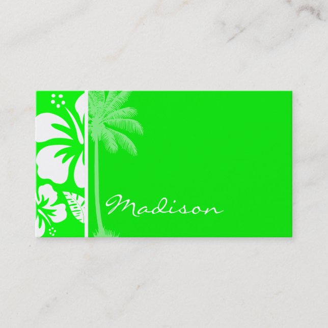 Electric Green Tropical Hibiscus; Palm Business Card (Front)
