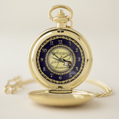 Electric Guitar 01  Musical ScrollGoldNavy Blue Pocket Watch