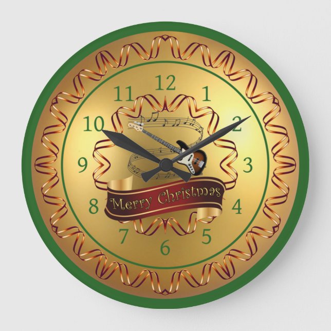 Electric Guitar 01-Musical Scroll-Merry Christmas- Large Clock (Front)