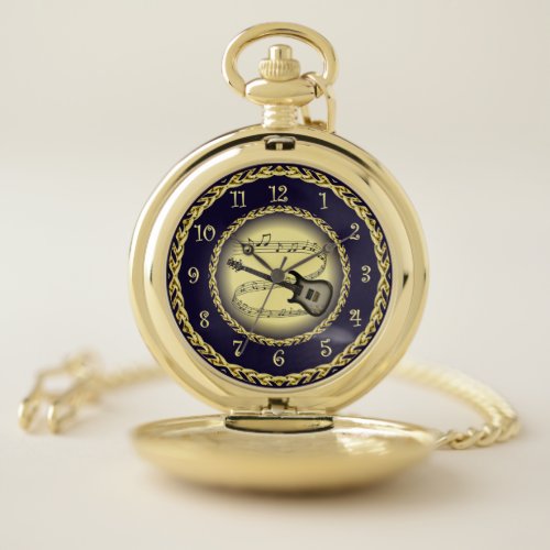 Electric Guitar 02  Musical ScrollGoldNavyBlue Pocket Watch