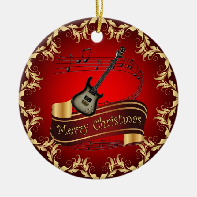 Electric Guitar 02-Musical Scroll-Merry Christmas~ Ceramic Ornament (Front)