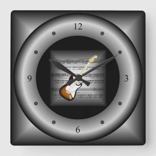 Electric Guitar  3D Sheet Music  Pillow Silver  Square Wall Clock