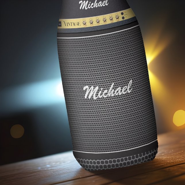 Electric Guitar Amp Music Theme Birthday Name Beer Bottle Cooler (Personalized electric guitar amp beer bottle cooler)