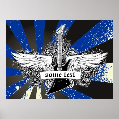 Electric guitar and wings black white blue poster