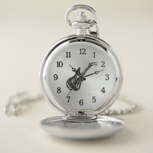 Electric Guitar Black Numbers Silver Pocket Watch
