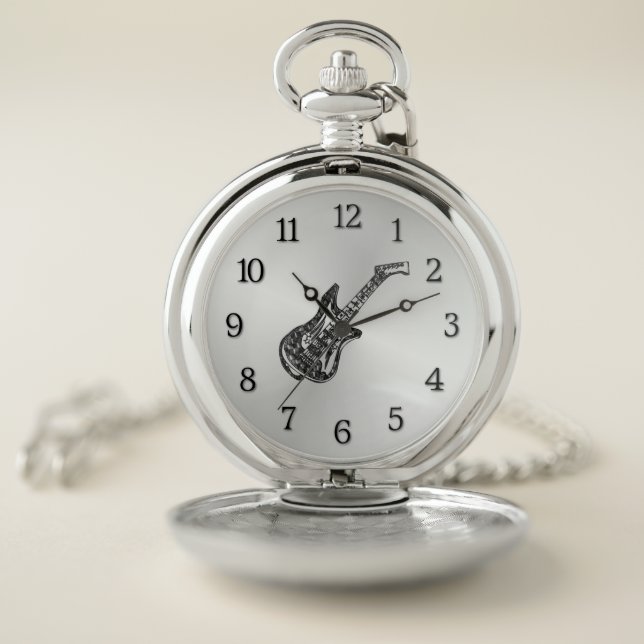Electric Guitar Black Numbers Silver Pocket Watch (Inside)