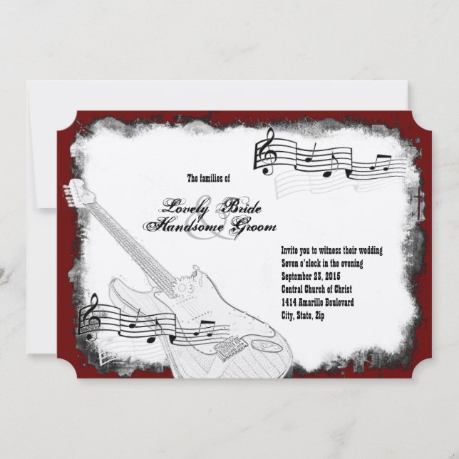 Electric Guitar Black Red White Music Wedding Invitation (Front)
