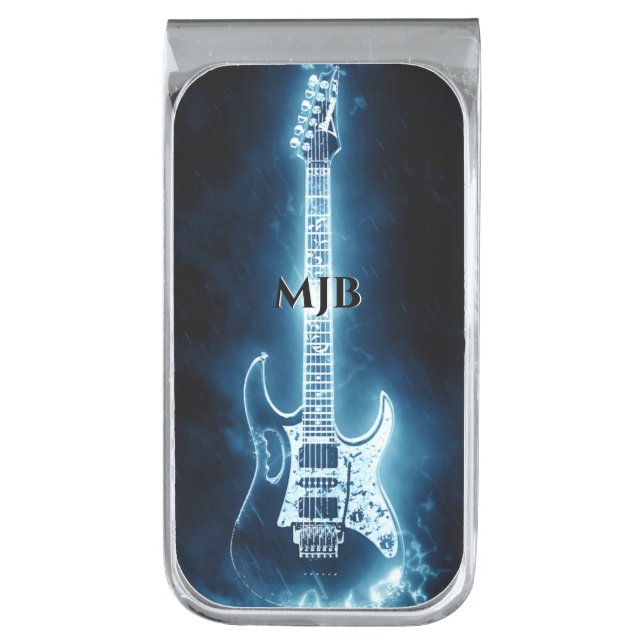 Electric Guitar Blue Monogrammed Silver Finish Money Clip (Front Vertical)