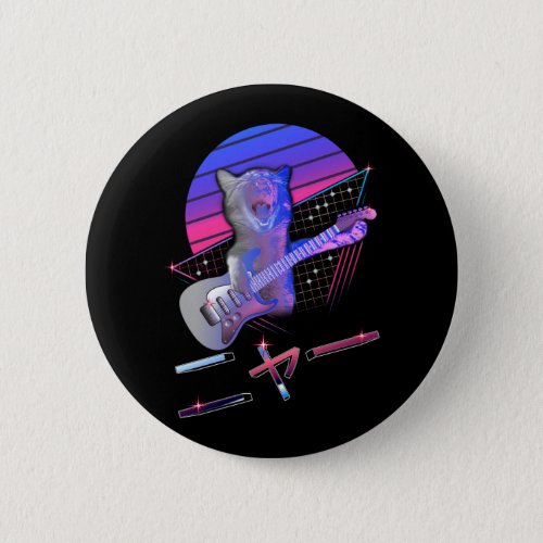 Electric Guitar Cat Vaporwave 80s 90s Music Lover Button