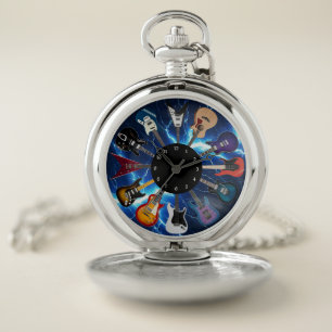 Electric Guitar Circle Blue Lightning Pocket Watch