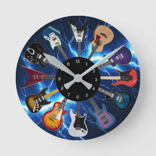 Electric Guitar Circle Blue Lightning Round Clock