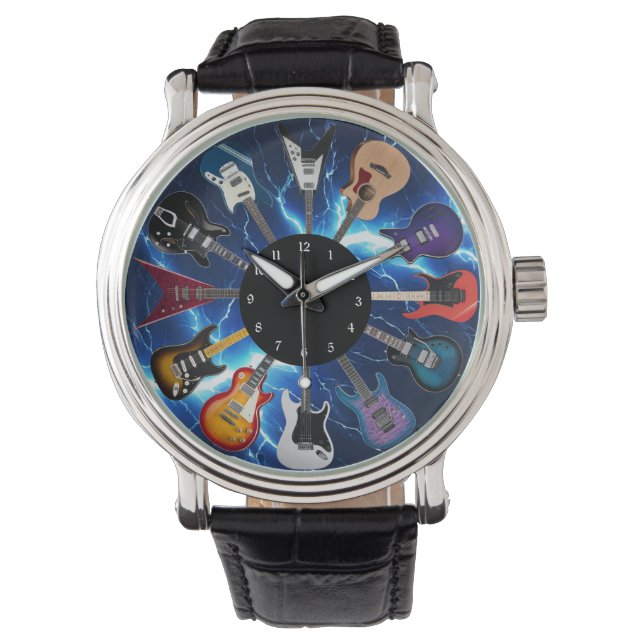 Electric Guitar Circle Blue Lightning Watch (Front)