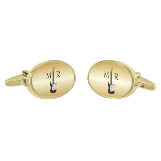 Electric Guitar Design Monogrammed Gold Cufflinks (Angled)