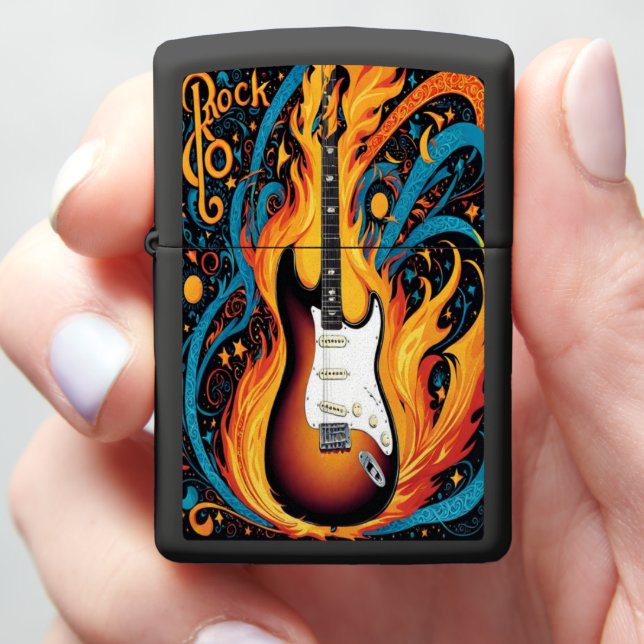 Electric guitar in vibrant flames zippo lighter (In Hand)