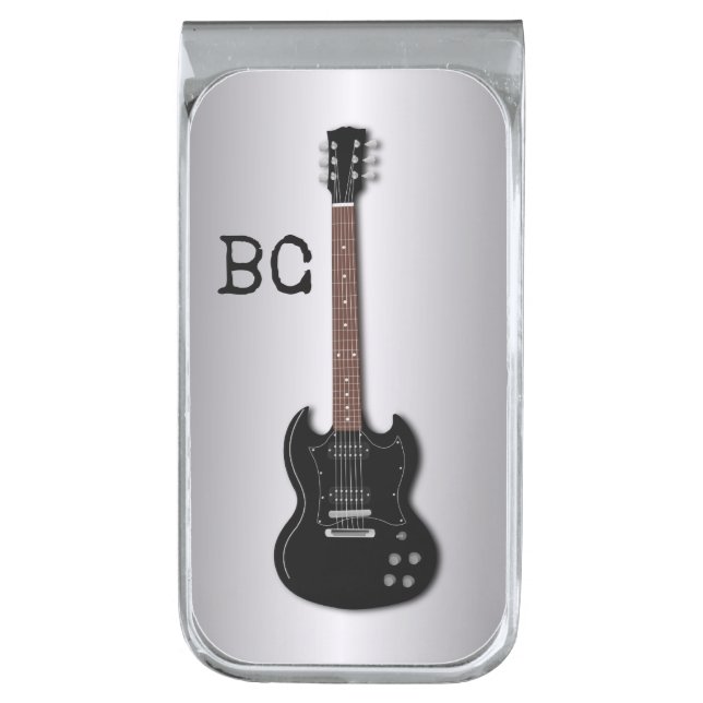 Electric Guitar Initials Template Silver Finish Money Clip (Front Vertical)