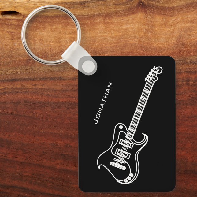 Electric Guitar Modern Minimal Black Personalized Keychain (Front)