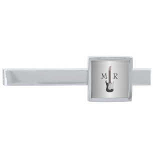 Electric Guitar Monogrammed Silver Finish Tie Bar