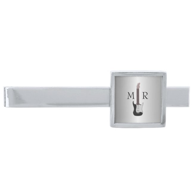 Electric Guitar Monogrammed Silver Finish Tie Bar (Front)