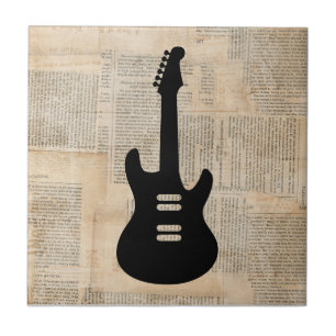 Electric Guitar Music Art with Newspaper Text Ceramic Tile