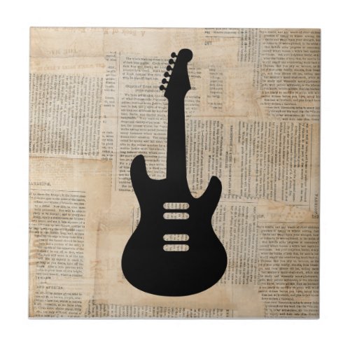 Electric Guitar Music Art with Newspaper Text Ceramic Tile