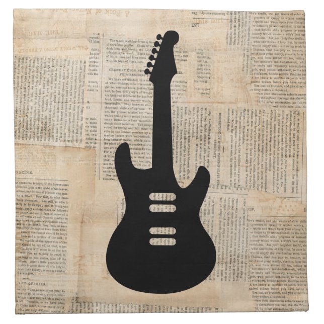 Electric Guitar Music Art with Newspaper Text Cloth Napkin (Front)