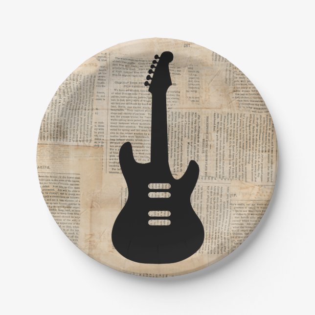 Electric Guitar Music Art with Newspaper Text Paper Plates (Front)