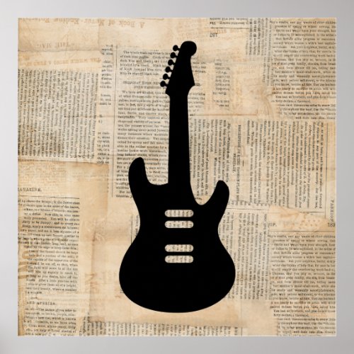 Electric Guitar Music Art with Newspaper Text Poster