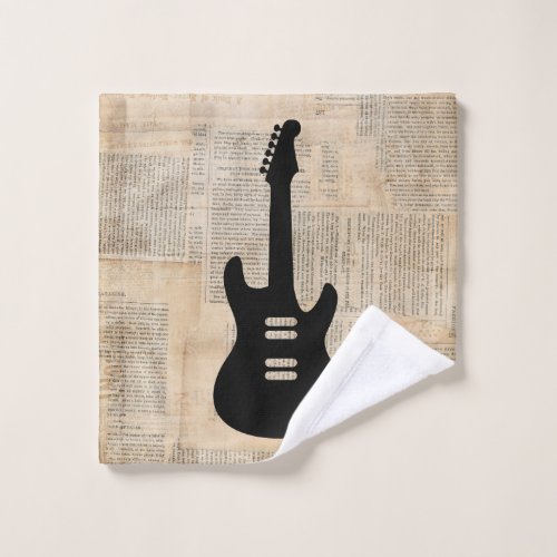 Electric Guitar Music Art with Newspaper Text Wash Cloth